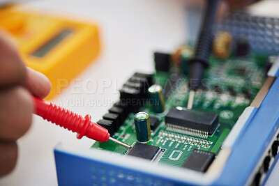 Buy stock photo Closeup, motherboard and engineer solder circuit board for technology, electrical hardware or CPU microchip. Hands of technician, IT electronics and iron welding tools to upgrade semiconductor system