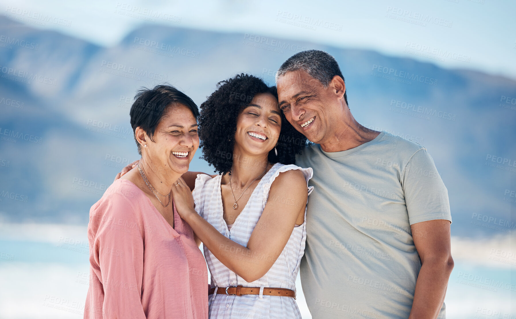 Buy stock photo Beach, senior parents and adult daughter together with smile, love and hug on summer holiday in Mexico. Embrace, happy family support and mature mom, dad and woman on ocean holiday travel in nature.