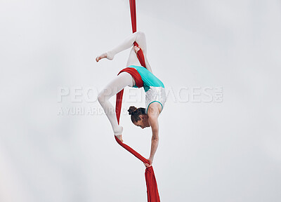 Buy stock photo Aerial, woman gymnast fitness and sport performance with girl flexibility and athlete with white background. Workout, exercise and gymnastics with balance, art and dance with acrobat competition