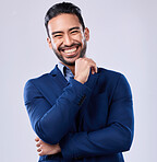 Happy, studio portrait and professional man, real estate agent or Asian businessman smile for career, job or business job. Corporate profile picture, happiness or friendly realtor on white background