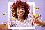 Selfie of woman with peace sign, social media and emoji in studio to like, subscribe and review. Frame, face and streamer girl on purple background with notification icon, hand gesture and online app