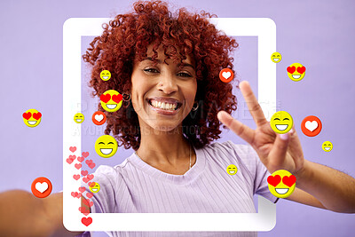 Buy stock photo Selfie of woman with peace sign, social media and emoji in studio to like, subscribe and review. Frame, face and streamer girl on purple background with notification icon, hand gesture and online app