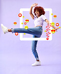 Excited woman influencer, social media and emoji in studio to like, subscribe and review. Frame, kick and streamer girl on purple background with notification icon overlay, happiness and digital app