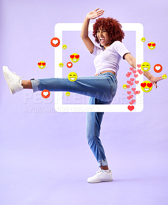 Buy stock photo Excited woman influencer, social media and emoji in studio to like, subscribe and review. Frame, kick and streamer girl on purple background with notification icon overlay, happiness and digital app