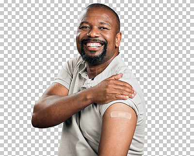 Buy stock photo Black man, smile and vaccine, portrait and covid healthcare with plaster on arm isolated on png transparent background. Male patient, safety from corona virus and health with service and immunization