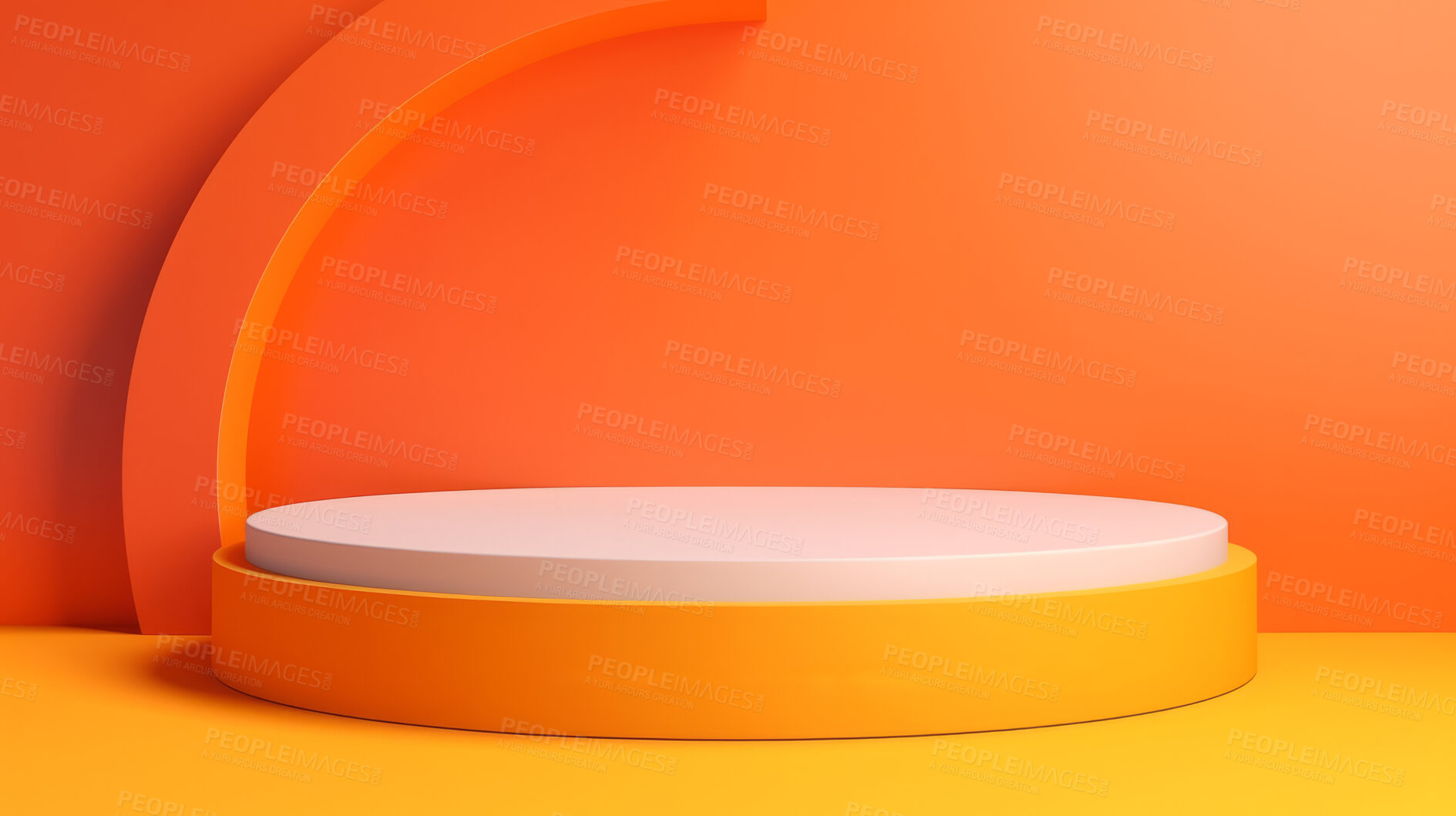 Buy stock photo Orange, yellow and podium for promotion, presentation and mockup space for product, consumerism and ad. Empty, minimal and opportunity for company exposure, growth and item development with design