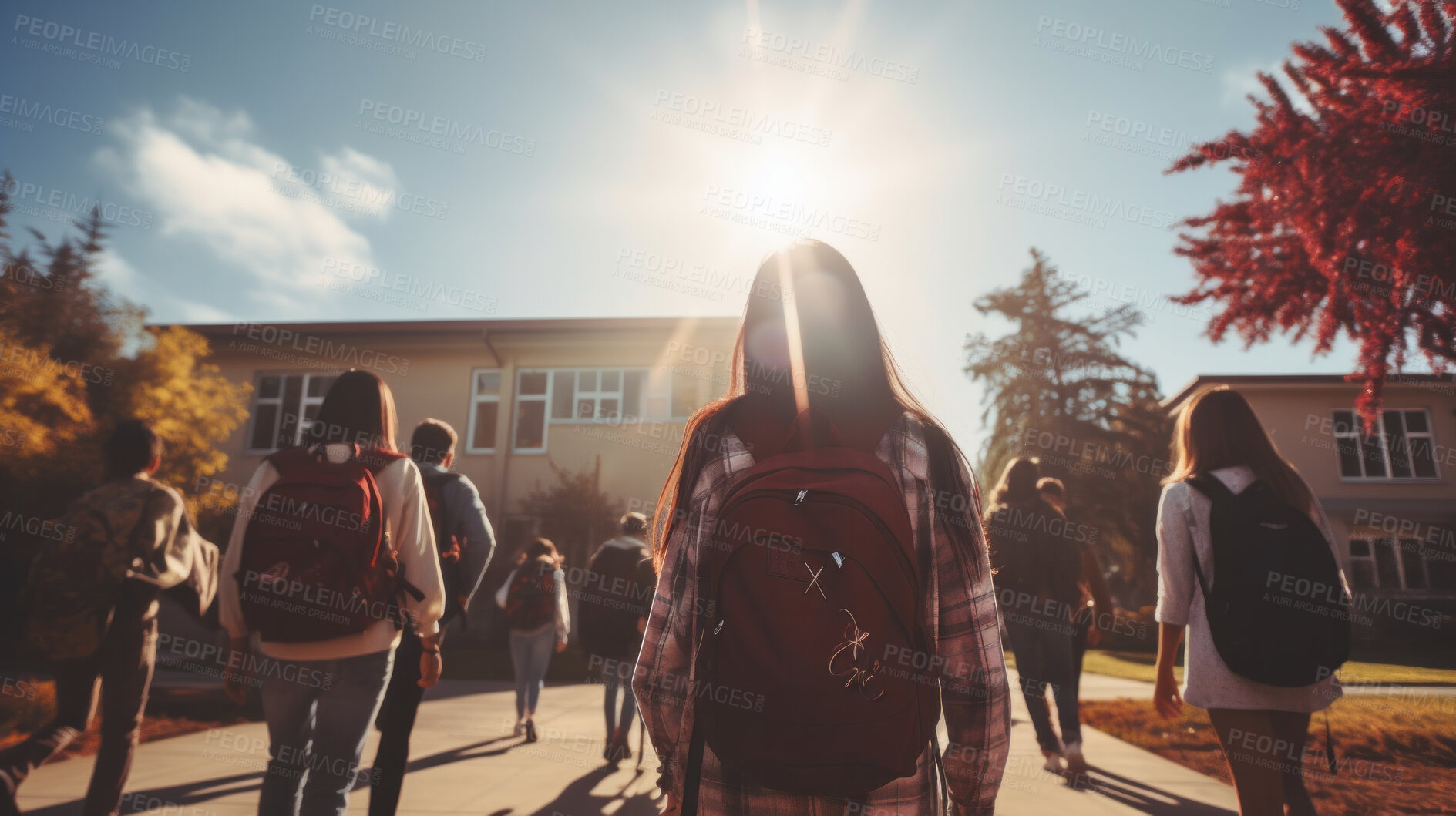 Buy stock photo Back, group and students with education, walking and outdoor with diversity, sunshine and campus. Youth, learning and people with buildings, nature and studying with school, time management and break