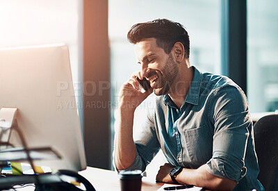 Buy stock photo Happy business man, phone call and computer in office for conversation, communication and planning contact. Employee talking on cellphone at desktop pc for mobile networking, consulting and feedback