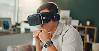 Buy stock photo Young man, house and metaverse for vr or video game, fist for online fighting experience. Male person, living room and entertainment with multimedia boxing, play in digital world or augmented reality