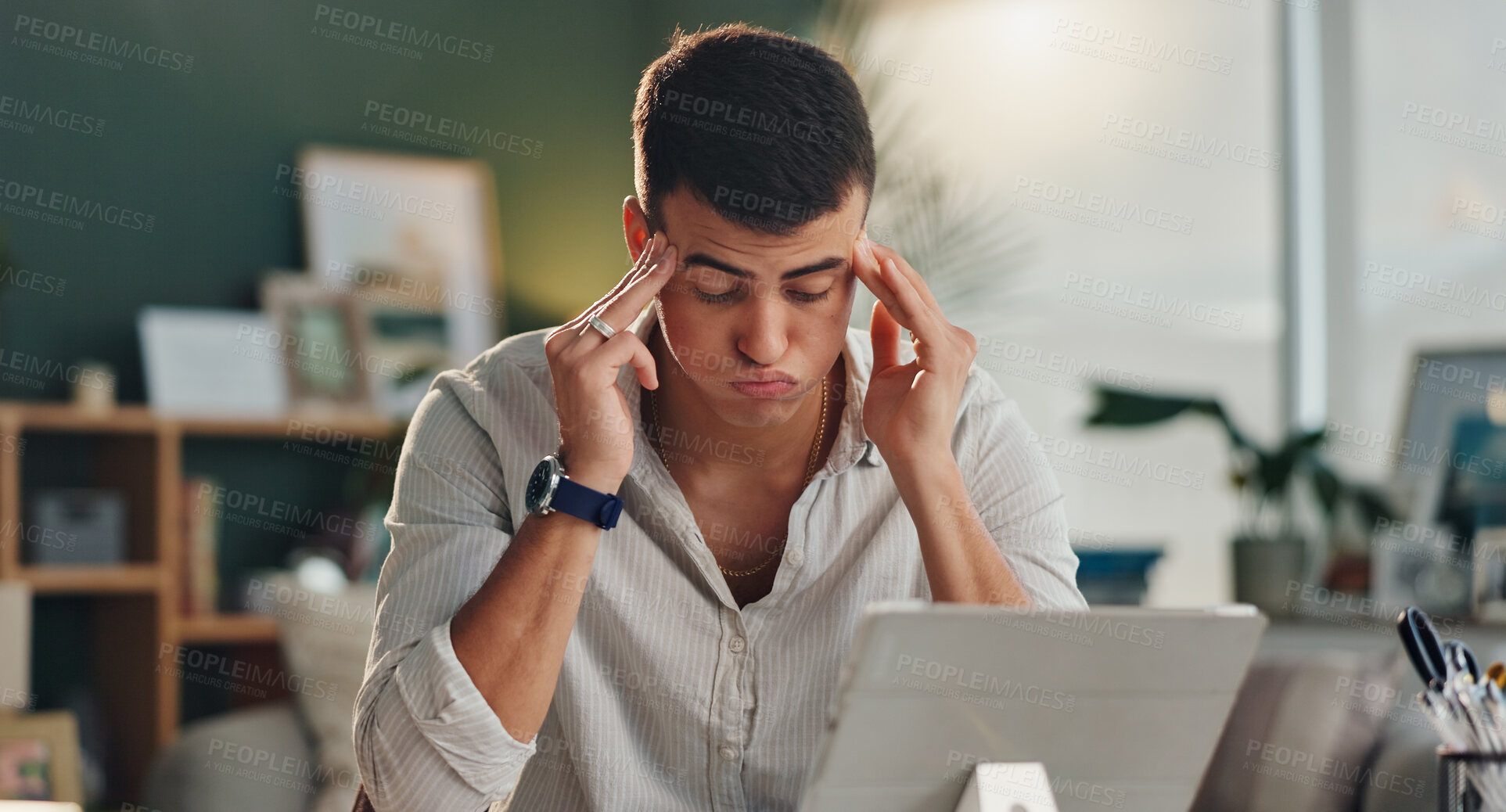 Buy stock photo Stress headache, anxiety and businessman with tablet for internet error, project mistake and frustrated for brain fog. Male person, migraine pain and tech in office for 404 glitch with work burnout