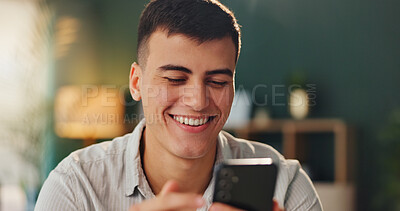 Buy stock photo Joke, smile and man with smartphone for online meme with social media, internet gif and reading crazy story in office. Male person, laugh and mobile website for streaming funny video or comedy film