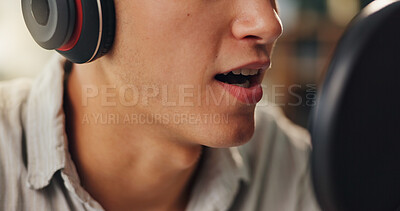 Buy stock photo Mouth, man and singer with microphone in recording studio or booth at home for album or song. Artist, musician and production sound closeup with talent or passion as rapper with rehearsal or practice