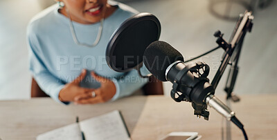 Buy stock photo Podcast, presenter and radio show with microphone and reporter woman hands with live streaming. Content creator, speaker and recording studio with influencer, broadcast and dj with sound production