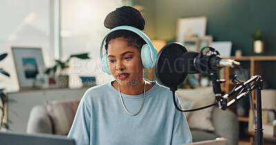 Buy stock photo Woman, house and broadcast with microphone for radio, communication or podcast on air. Female presenter, live streaming and headphones for music playlist, home office with gear for audio talk show