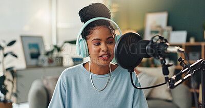 Buy stock photo Podcast microphone, headphones and black woman talking for broadcast with audio recording and hosting show. Gen z, African girl and radio dj with virtual interview in home studio for online audience