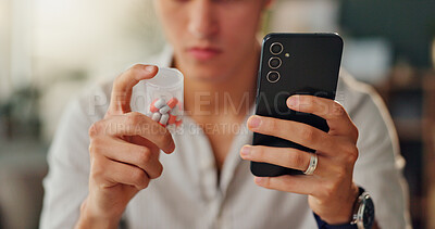 Buy stock photo Person, hands and pills with phone for medication, dosage or side effects and symptoms at home. Closeup of patient checking or reading tablets on pharmaceuticals, mobile smartphone or prescription