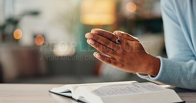 Buy stock photo Bible, worship god and woman with praying hands for hope with spiritual meditation and religion in home. Female person, palm connection and prayer with Christian book for reading gospel and faith