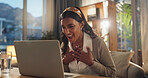 Employee, Indian woman and excited with laptop in home office for good news, bonus and job promotion. Female person, smile and happy at night with email for career opportunity and interview success