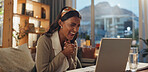  Employee, Indian woman and happy with laptop in house office for good news, bonus and job promotion. Female person, smile and excited at night with email for career opportunity and interview success