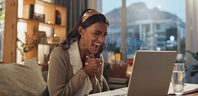 Buy stock photo  Employee, Indian woman and happy with laptop in house office for good news, bonus and job promotion. Female person, smile and excited at night with email for career opportunity and interview success