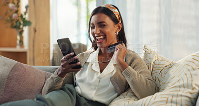 Buy stock photo Cellphone, credit card and excited indian woman on sofa, ecommerce and purchase online in home. Living room, buying and shopaholic for sale, promotion and deal for payment and happy female person 