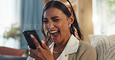 Buy stock photo Woman, mobile phone and excited for good news, positive feedback and successful application in home. Indian, female person and happy on tech for job offer, new hire and corporate for business or work