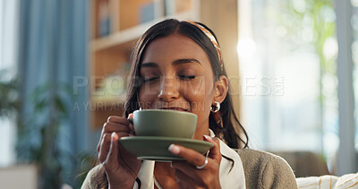 Buy stock photo Coffee, cup and indian woman for relax in home, smell and aroma for comfort and scent. Living room, calm and peaceful in lounge on weekend, chai tea and traditional drink for memories and gratitude