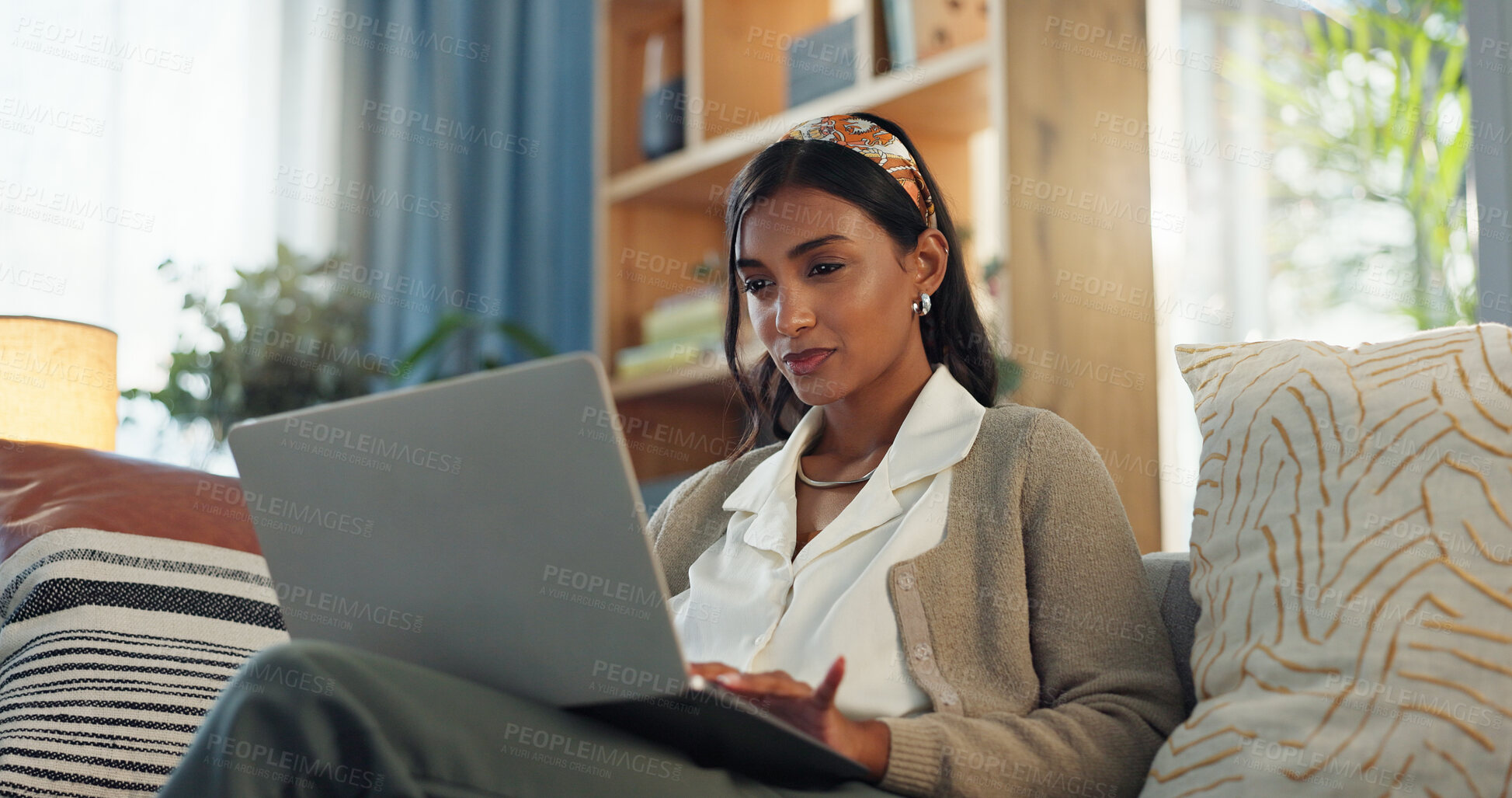 Buy stock photo Businesswoman, laptop and blog on couch for reading, email and digital report in home. Remote work, female journalist and internet for article, online and networking for feedback and research on sofa