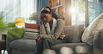 Frustrated woman, nervous and sofa with stress for burnout, mistake or crisis at home. Worried girl, fatigue and anxiety or depression from pressure, bad news and headache in house living room