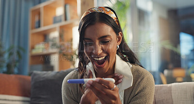 Buy stock photo Happy, girl and excited with pregnancy test on sofa for expectation of motherhood, future mother and good news. Woman, surprised and home with positive results, celebration and omg for journey.