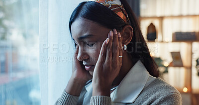 Buy stock photo Business, office and woman with headache in stress for deadline anxiety, exhausted and brain fog. Frustrated, person and problem with migraine at work for overtime pressure, burnout and fatigue