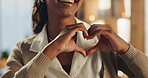 Woman, heart hands and happiness for good news, positive emotion and care with kindness in home. Gesture, female person and excited for love, symbol or sign for support, affection or romance in house