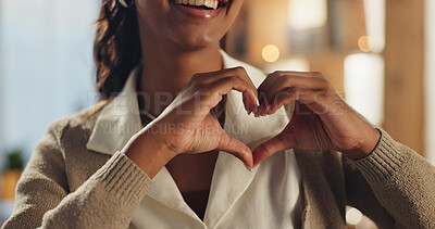 Buy stock photo Woman, heart hands and happiness for good news, positive emotion and care with kindness in home. Gesture, female person and excited for love, symbol or sign for support, affection or romance in house