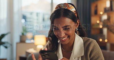 Buy stock photo Woman, mobile phone and happy for good news, positive feedback and successful application in home. Indian, female person and excited on tech for job offer, new hire and corporate for business or work