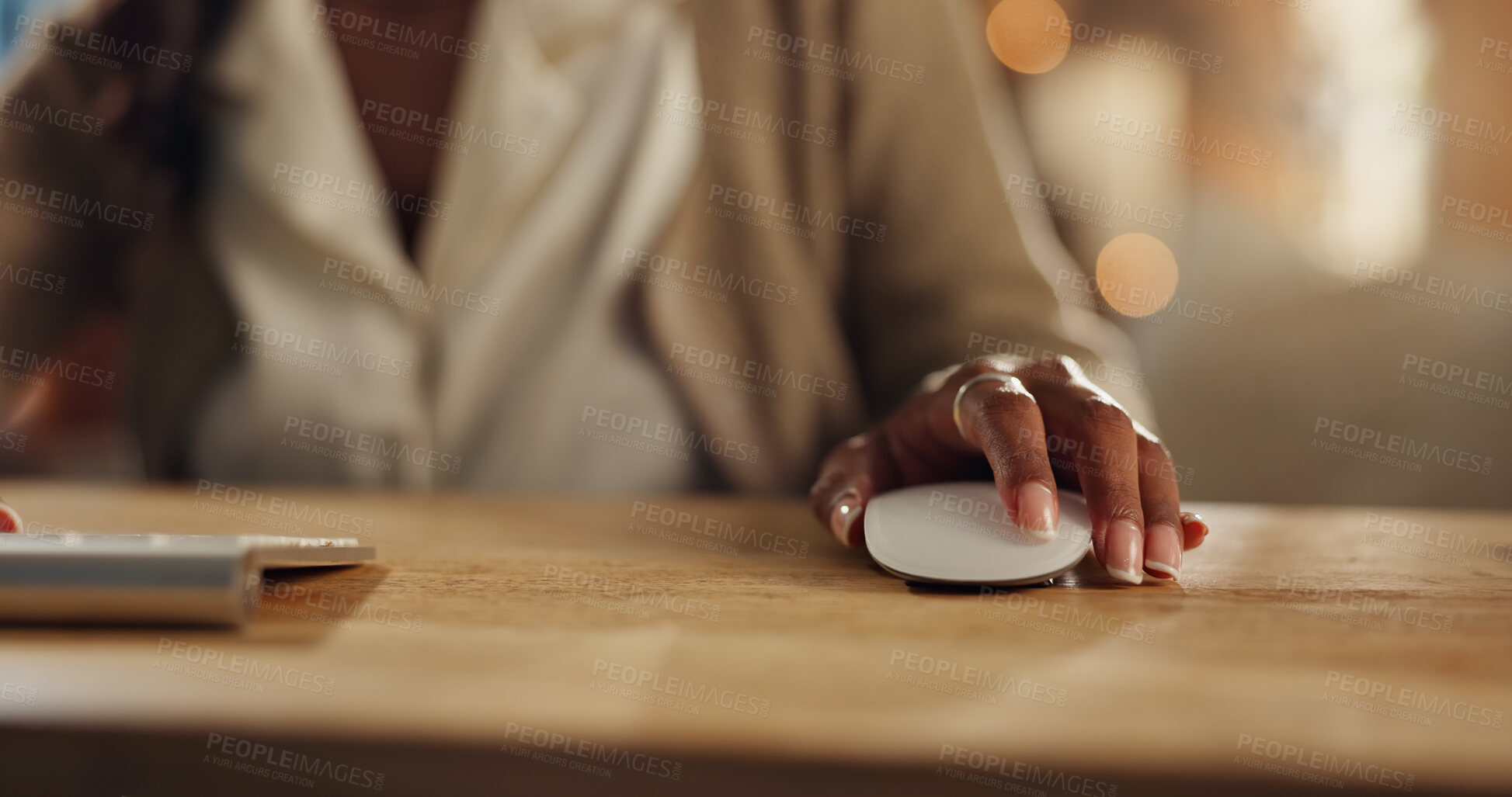 Buy stock photo Hands, mouse and keyboard at desk for research, planning and email or digital report in house. Work from home, woman and computer for creativity, journalist or online for feedback or review for blog