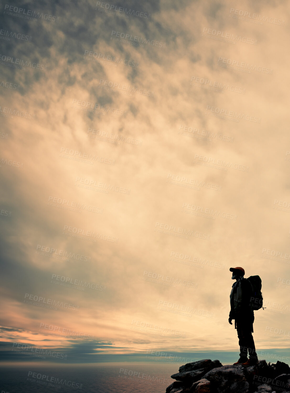 Buy stock photo Sky, mountain peak or silhouette of man hiking at sunset in outdoor adventure in nature for travel or break. Space, view mockup and hiker on hill for holiday vacation, exercise or trekking to explore