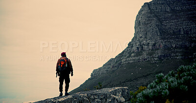 Buy stock photo Clouds, mountain or man hiking in evening outdoor adventure or journey in nature for travel. View, wellness and back of person on trail walking for holiday, break or trekking to explore in France