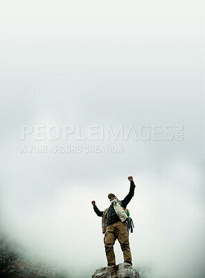 Buy stock photo Space, mountain peak or man with hiking success in outdoor adventure celebration in nature for travel. Success, low angle and excited person on hill for winning, achievement or trekking on sky mockup