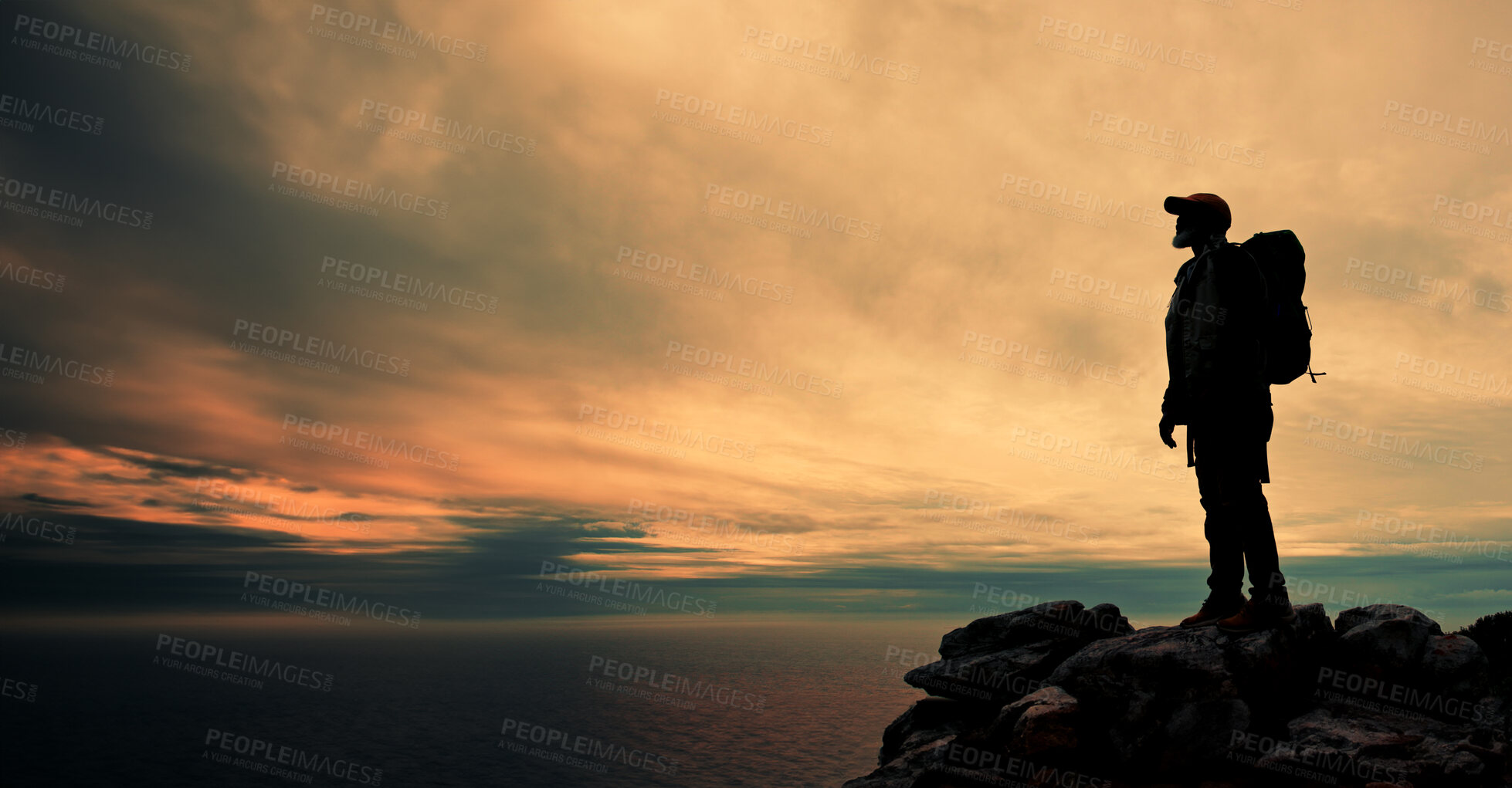 Buy stock photo Sky, silhouette or man hiking at sunset in outdoor adventure or journey in nature for travel or walking. Space, view mockup and hiker on mountain peak for holiday, exercise or trekking to explore