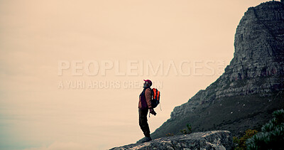 Buy stock photo Mature man, celebration and mountain for hiking achievement, nature or view for trekking goal on vacation. Hiker guy, mockup and shout for winner, hill and fitness with exercise, success or sunset