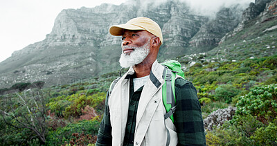 Buy stock photo View, mountain or senior black man hiking in nature adventure or journey in woods or outdoor travel. Thinking, forest and person on trail walking for holiday, banner or trekking to explore in France 