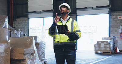 Buy stock photo Black man, online or tablet in warehouse for inspection, inventory check or stock management for website. Logistic, employee or supervisor with digital for shipping order, quality control or thinking