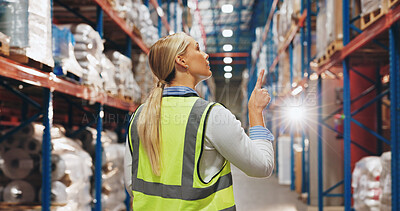 Buy stock photo Logistics, woman or inspection in warehouse with counting for inventory management or stock control. Distribution, supervisor or employee for supply chain, maintenance or quality assurance in factory