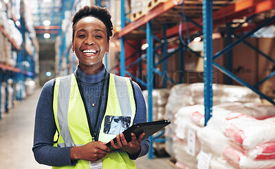 Buy stock photo Black woman, portrait and tablet in warehouse for inspection, inventory check and stock management for web. Logistic, employee or supervisor with digital for shipping order, quality control and smile