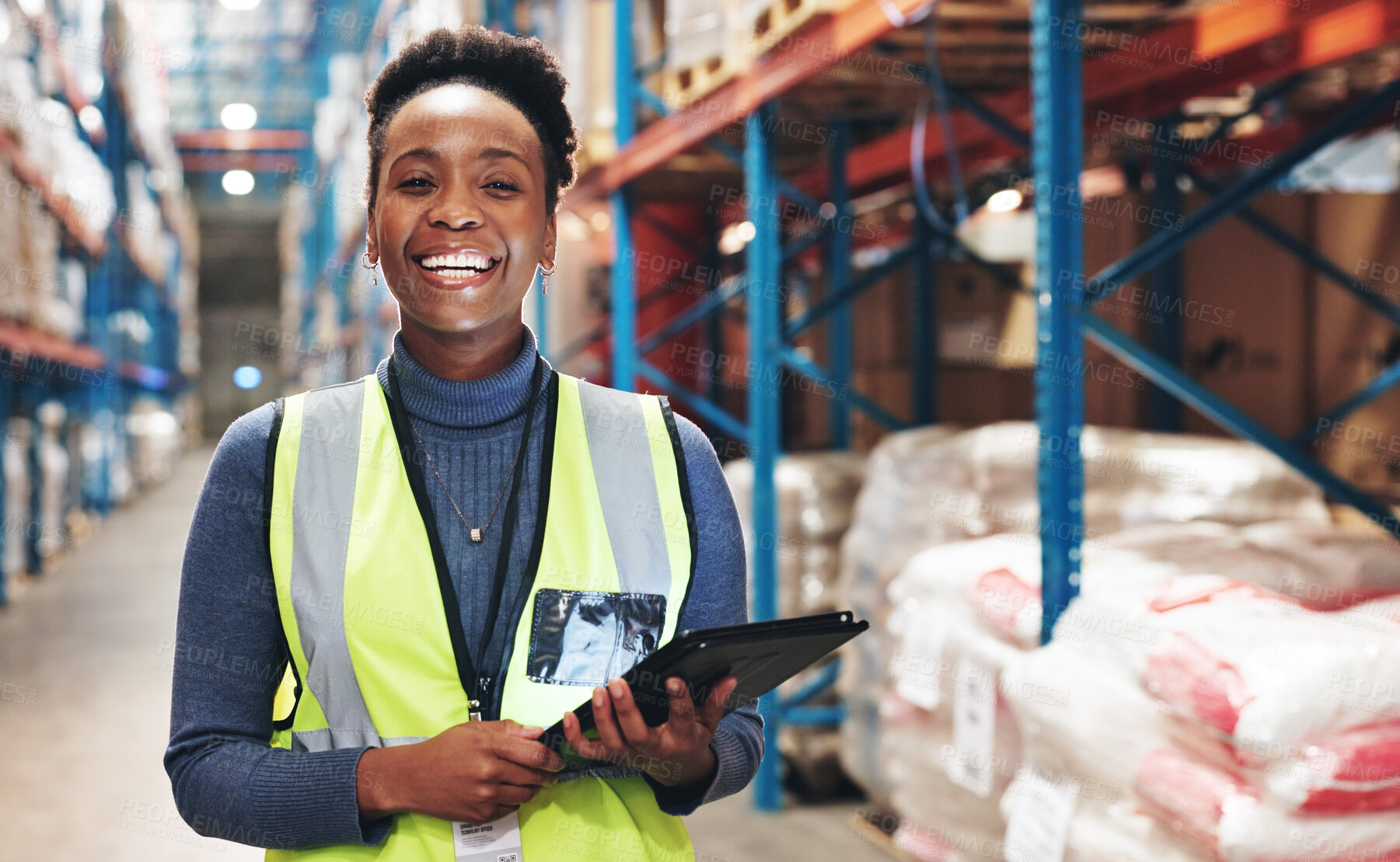 Buy stock photo Black woman, portrait and tablet in warehouse for inspection, inventory check and stock management for web. Logistic, employee or supervisor with digital for shipping order, quality control and smile