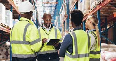 Buy stock photo Logistics, meeting and people with tablet in warehouse for supply chain, stock inspection or update. Dropshipping, storage and worker with tech by shelf for inventory, export or operations management