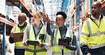 Warehouse, supply chain and people with tablet in discussion for inspection checklist, export or plan. Dropshipping, meeting and work with tech by shelf for inventory, update or operations management