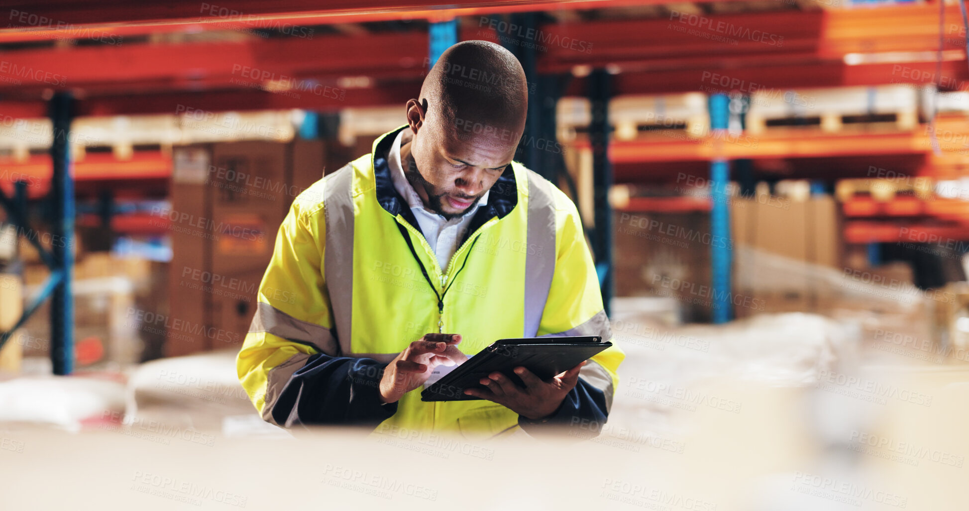 Buy stock photo Logistics, black man and tablet in warehouse for checklist, inventory check and stock management. Supply chain, employee or supervisor with digital for shipping orders, quality control and inspection