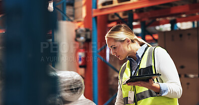 Buy stock photo Woman, inventory manager and logistics with tablet for quality control, assurance or distribution at warehouse. Young female person, distributor or supplier with technology for stock count in storage