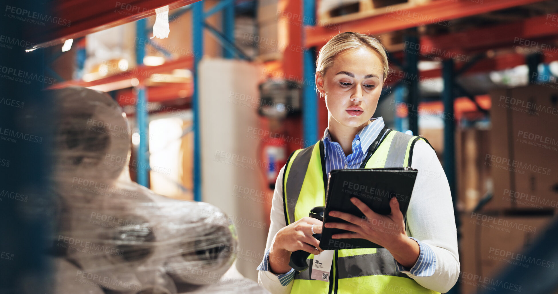 Buy stock photo Woman, inventory and stock with tablet in logistics for quality control, assurance or distribution at warehouse. Young female person, distributor or supplier on technology for supply chain or storage